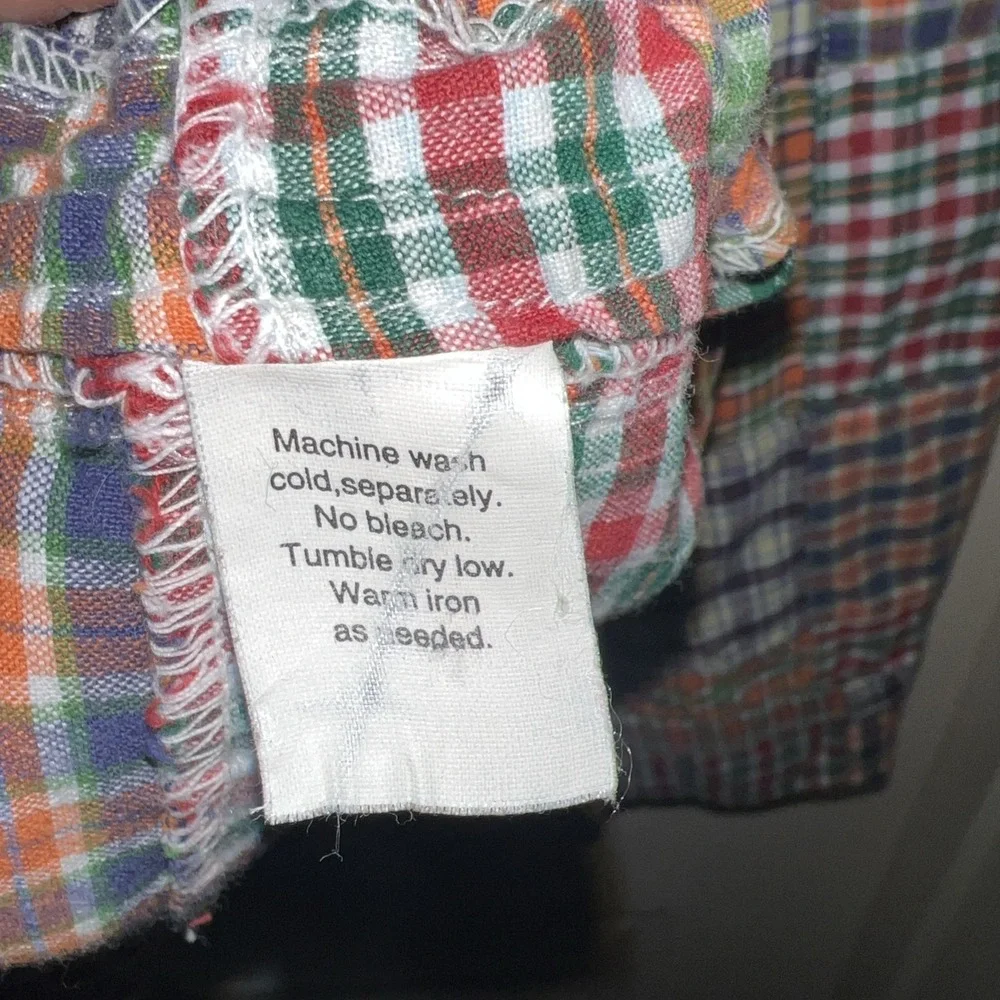 Vtg J. Crew Oarsman Multicolor Patchwork Madras Plaid Button Down Shirt Men XL